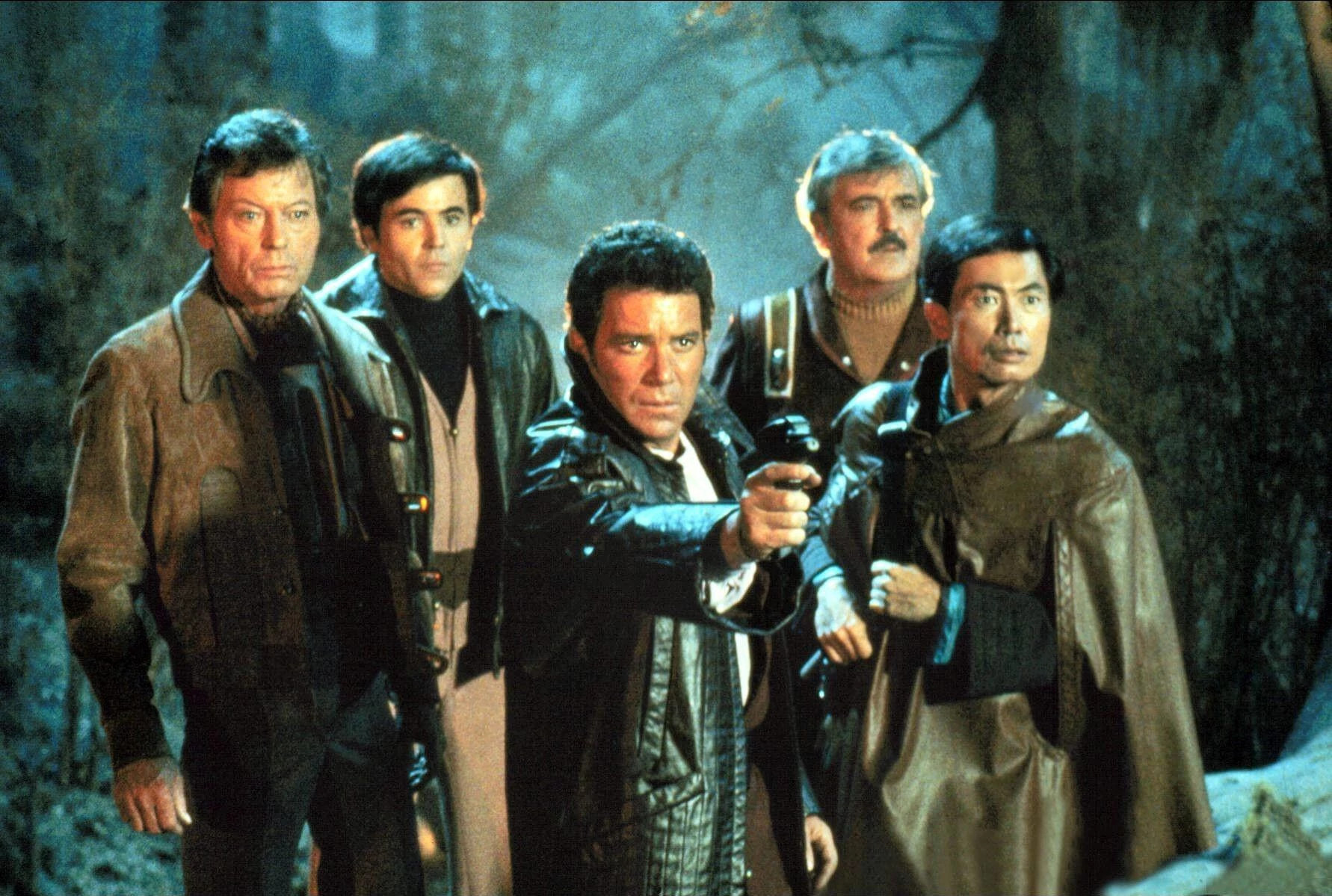 DeForest Kelley, Walter Koenig, William Shatner, James Doohan and George Takei in  a scene from Star Trek III: The Search for Spock