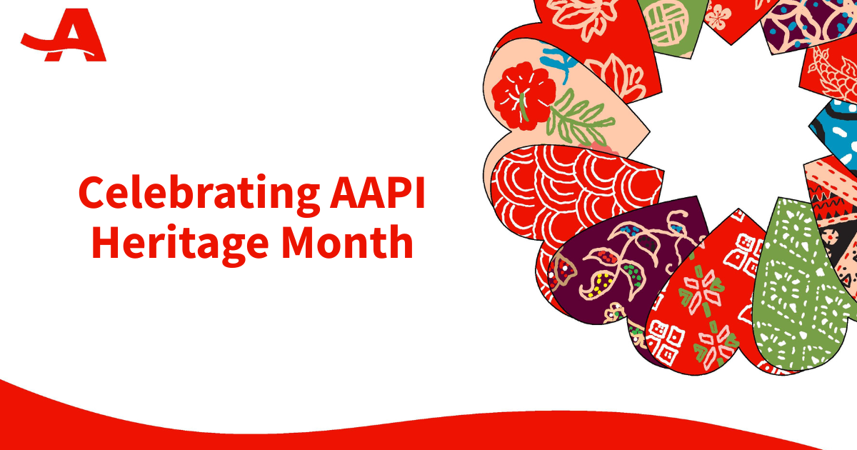“Celebrating AAPI Heritage Month” text with colorful patterned hearts on the right.