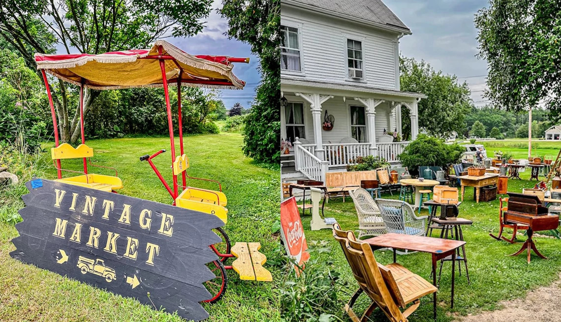 a split image of a sign that reads vintage market and a yard sale