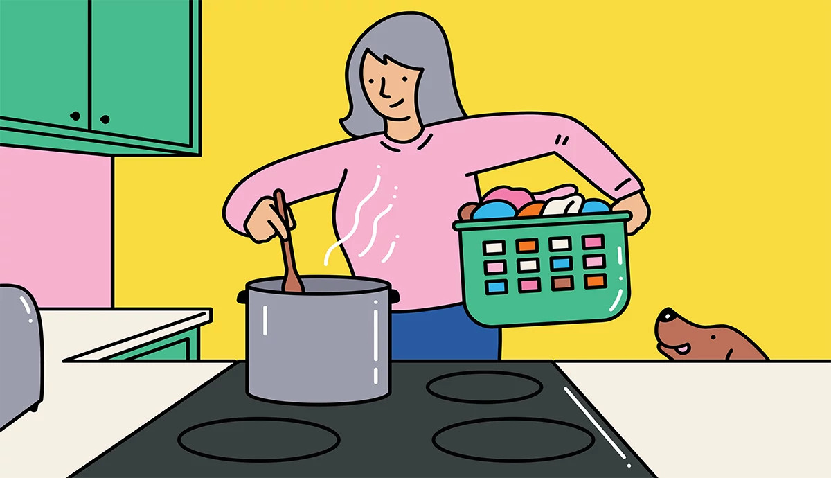 an illustration shows an adult woman stirring a pot in the kitchen with a clothes basket under arm