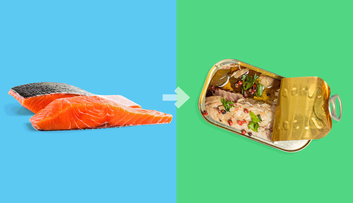 A graphic cycles through different food swaps, including swapping poultry for beans and fresh seafood for canned seafood.