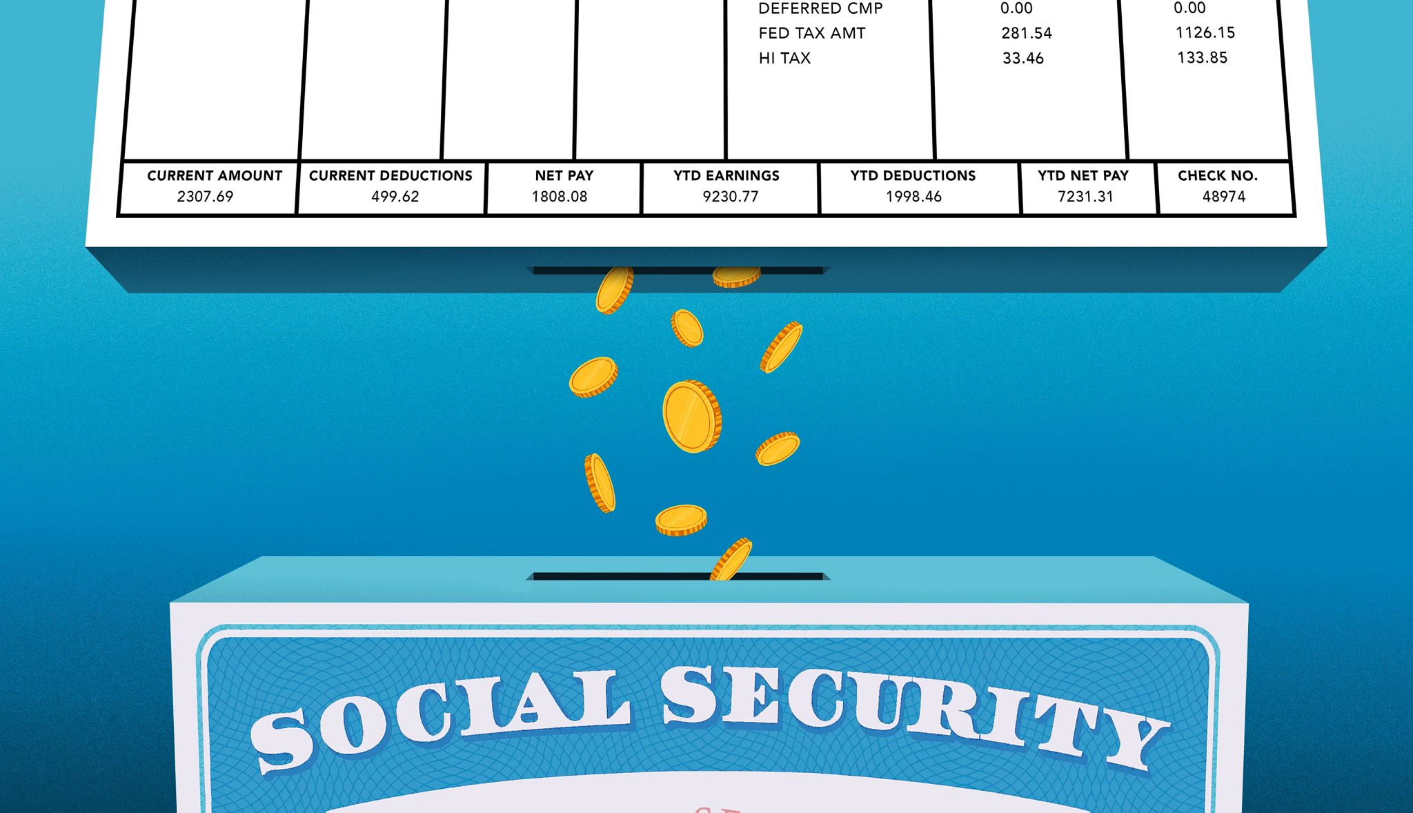 A graphic illustration of a paper turning into coins, dropping into a box with a social security logo