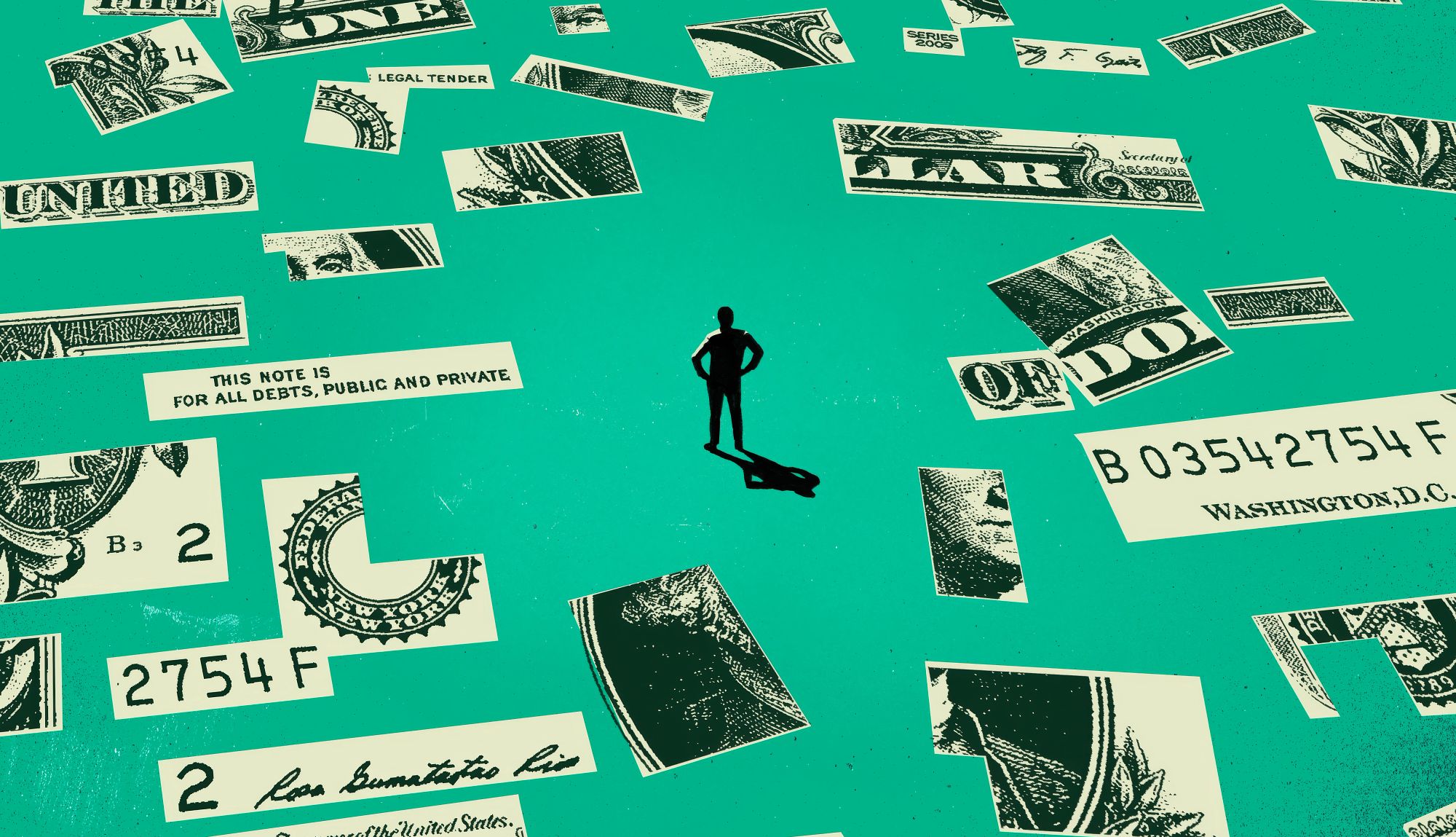 New 401(k) Rules a person standing on a green background with pieces of money scattered around