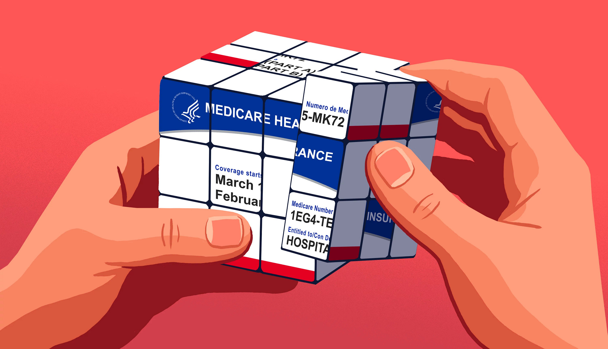 Two hands solving a Rubik's cube styled like a blue and white Medicare card.