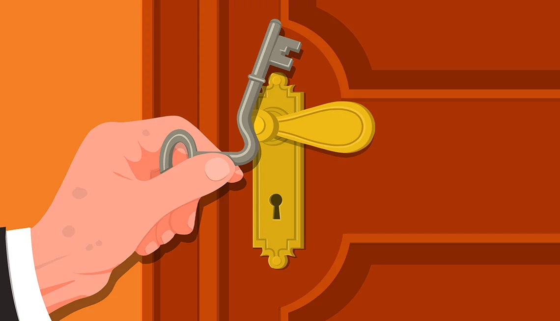 Peyronie’s Disease and Sex An illustration shows an older adult man trying to get a curved key into a door’s keyhole