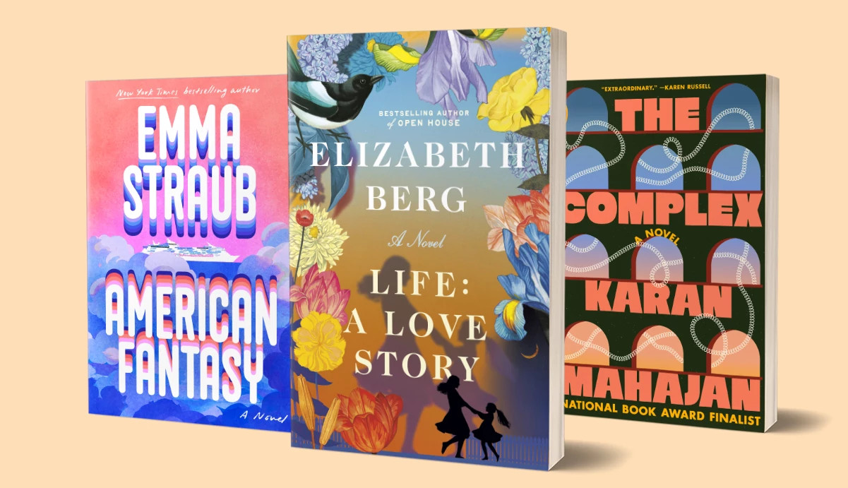 covers of books by emma straub, elizabeth berg and karan mahajan