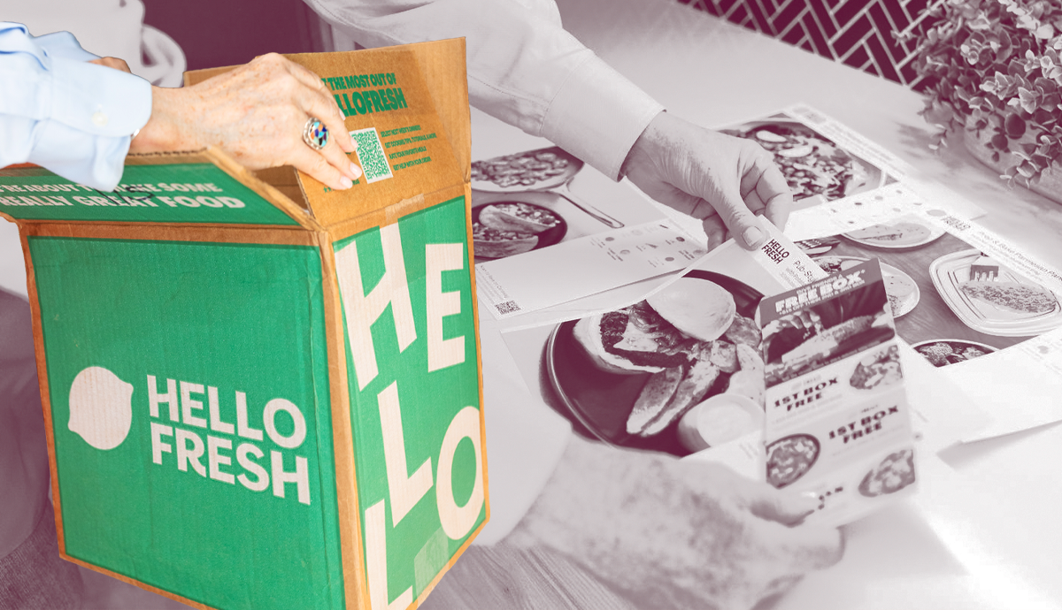 A HelloFresh box next to assorted ingredients laid out on a counter