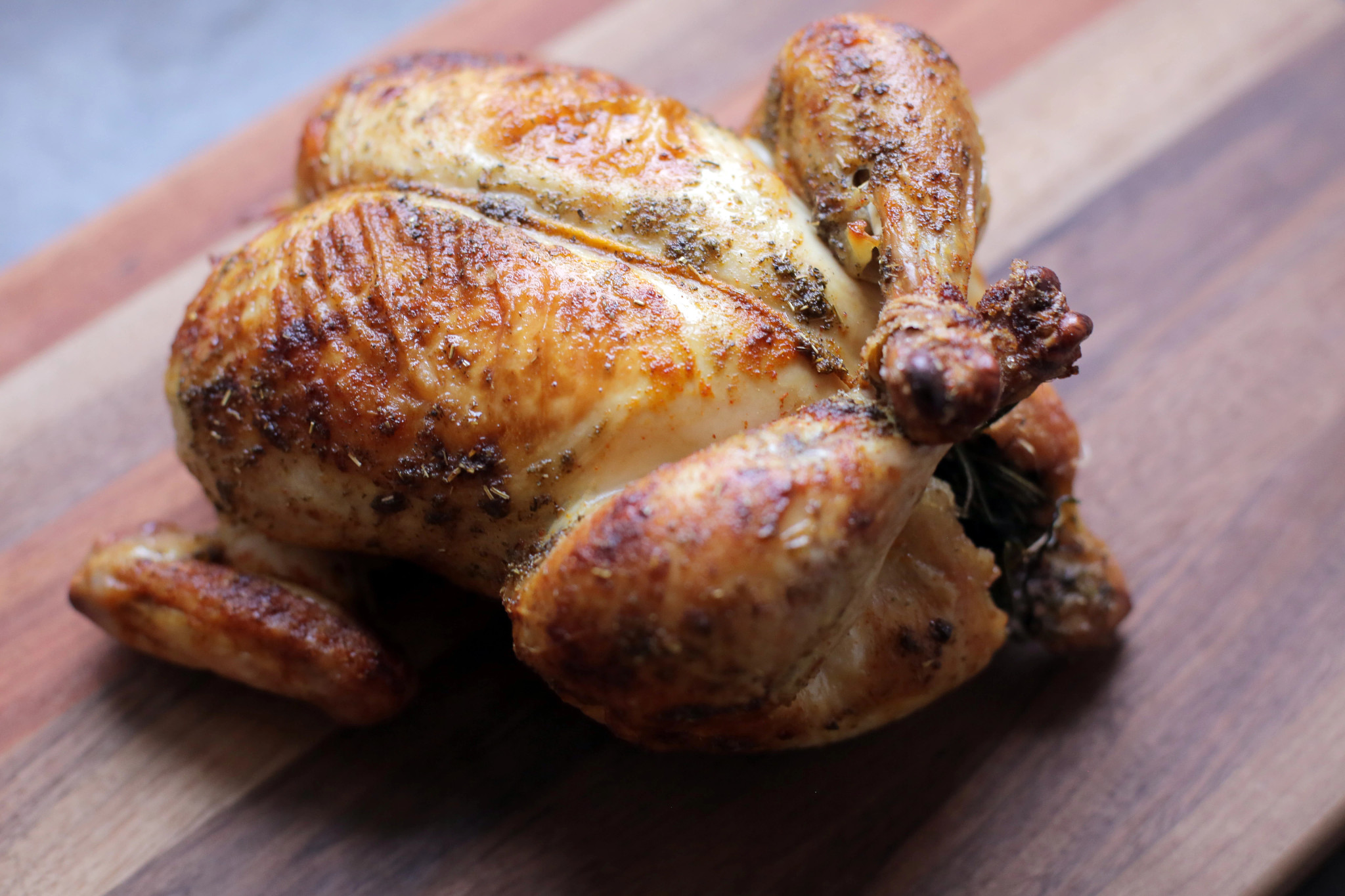 Roasted chicken on table