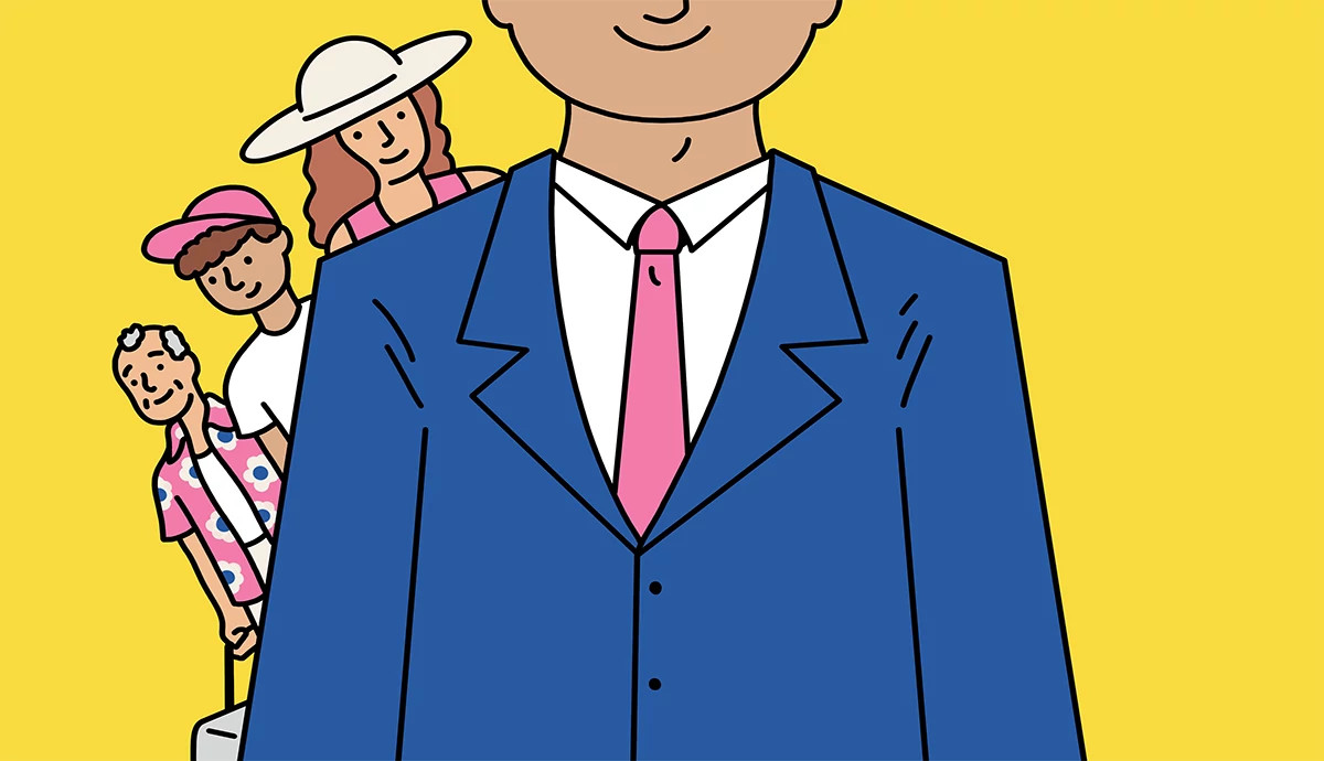an illustration of a man in a business suit with people in vacation attire behind him