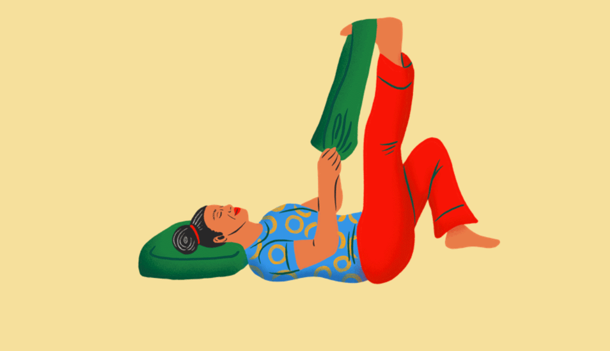 illustrated gif shows a person lying on their back in red pants and a blue patterned shirt, using a green towel looped around their foot to gently stretch their leg upward
