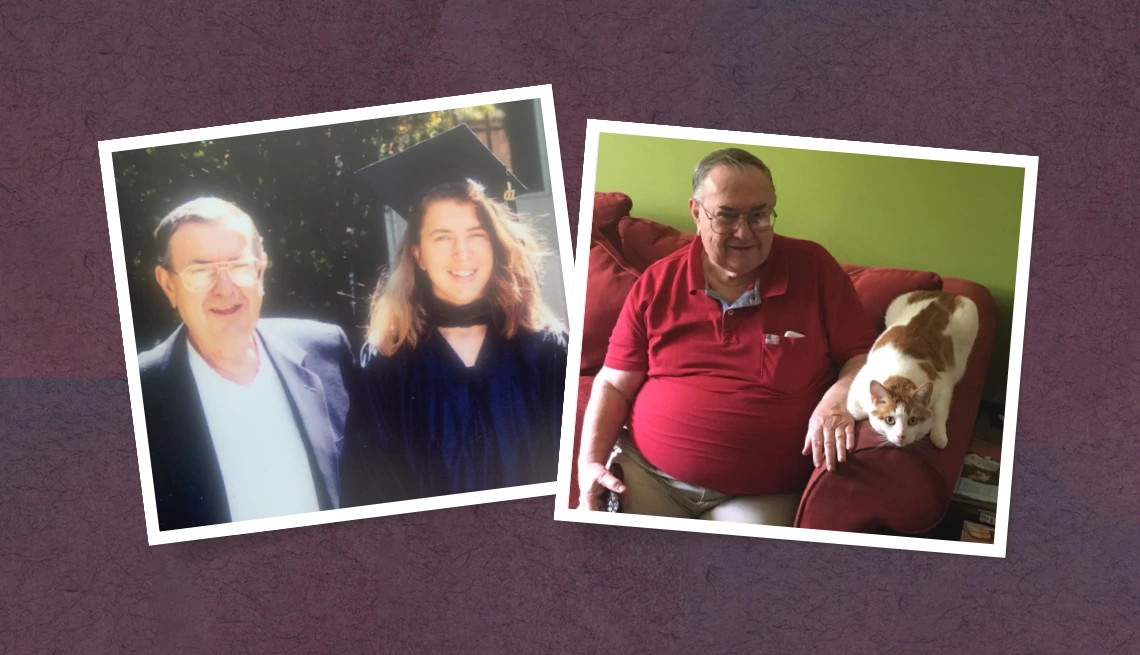 jenn mckee and her father at her graduation, and her father sitting on a red couch