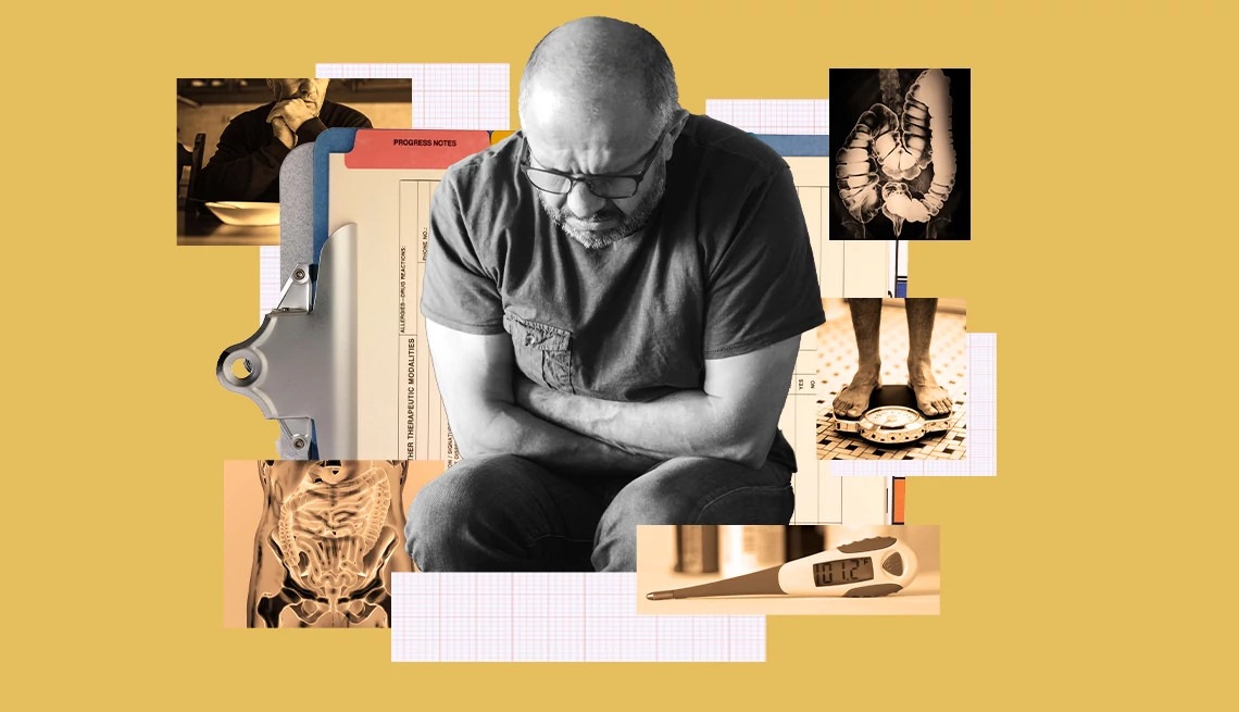 a collage with an image of a person holding their stomach in a seated position