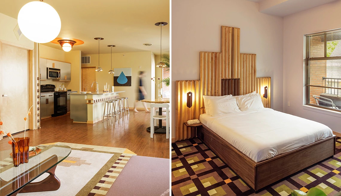 sala de estar y dormitorio con alfombras únicas