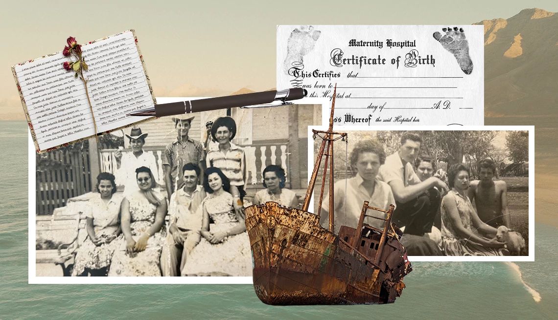 Self-Discovery Reigns in ‘Deeper Than the Ocean’ a collage showing old family photos, a rusted shipwreck, a birth certificate and a journal