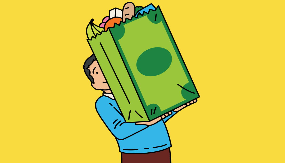 illustration of an older adult man in a blue sweater carrying a large green grocery bag designed to look like a folded dollar bill