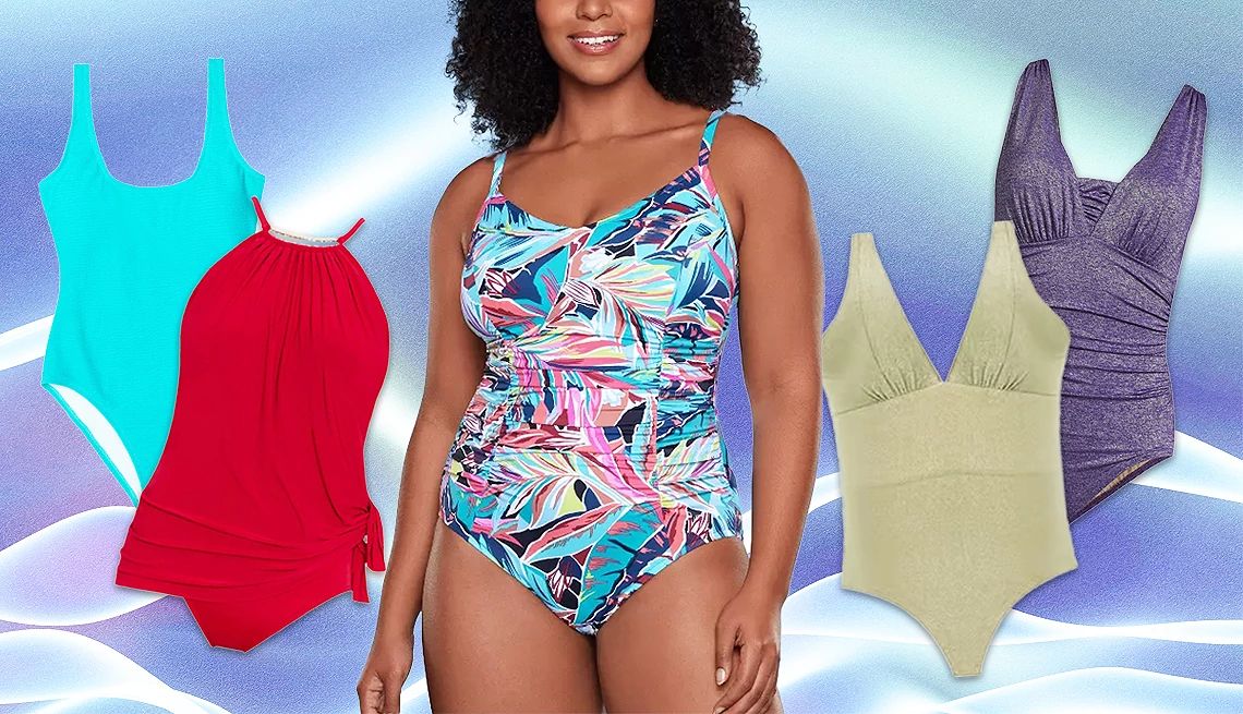 Swimsuits a woman wearing a swimsuit with other various bathing suits surrounding her