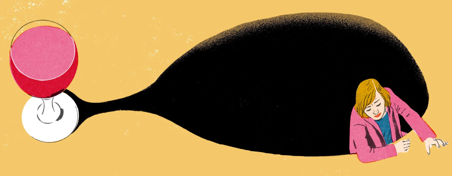 illustration of woman drowning in black hole next to a glass of wine