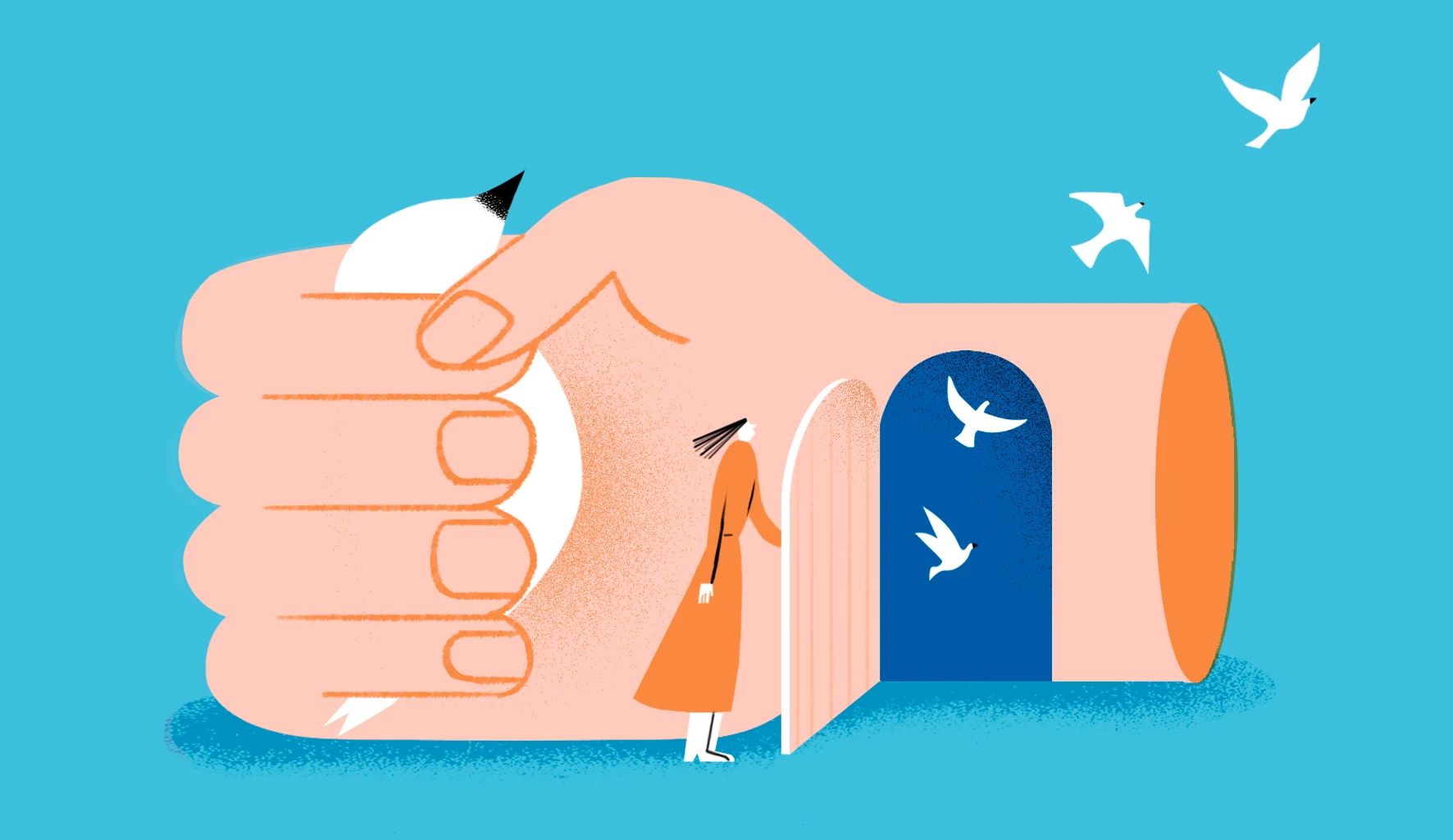 Moving on after divorce a figure opens a door through a giant hand holding a bird