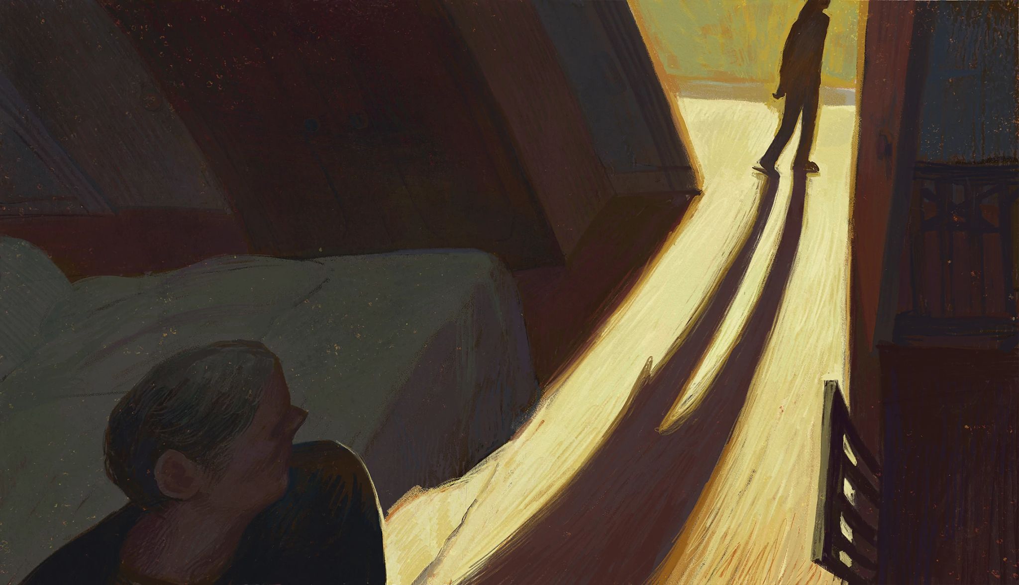 I've Got You Under My Skin by Mary Higgins Clark chapters 31-40 Illustration of a person looking towards the open doorway of a room where a person stands and casts a long shadow on the floor