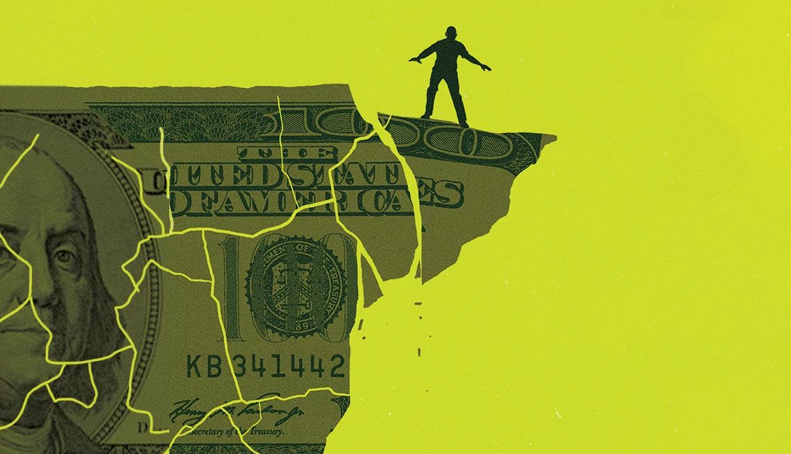 AARP Fights Fraud a figure stands on top of a crumbling hundred dollar bill