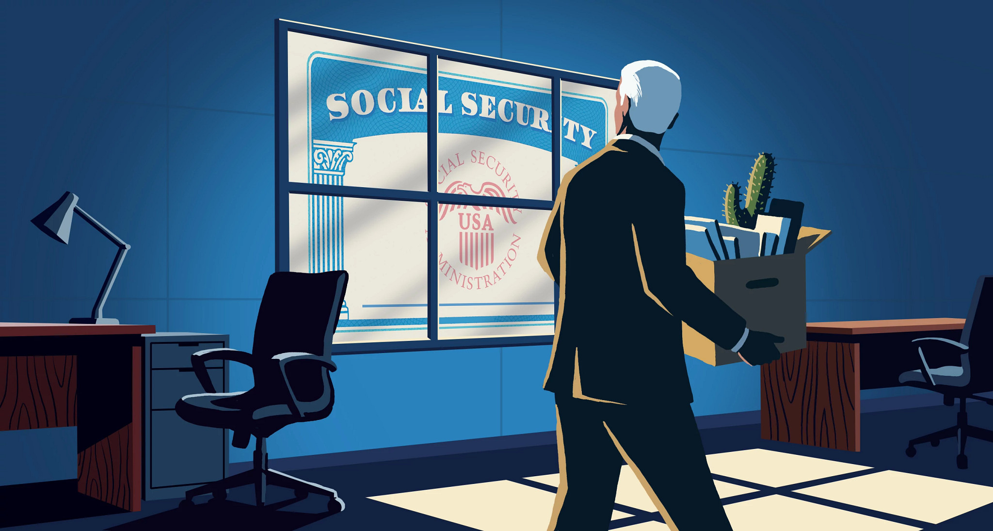 a man carrying his belongings, seemingly after clearing out his desk, looks back at a window shaped like a social security card