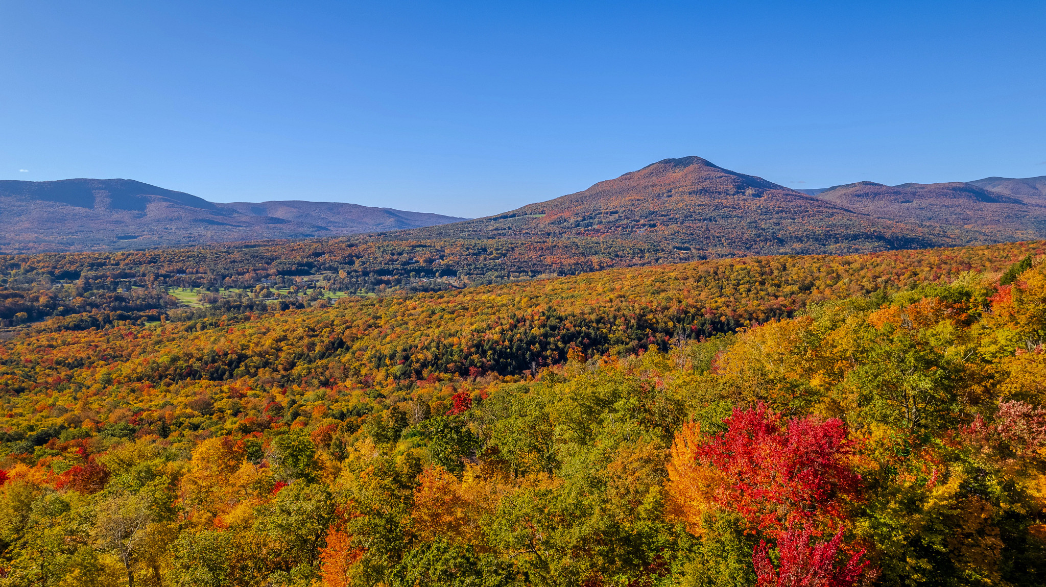 Panoramic mountain valley covered in colorful autumn trees with shades of red, orange, yellow, and green beneath a bright blue sky