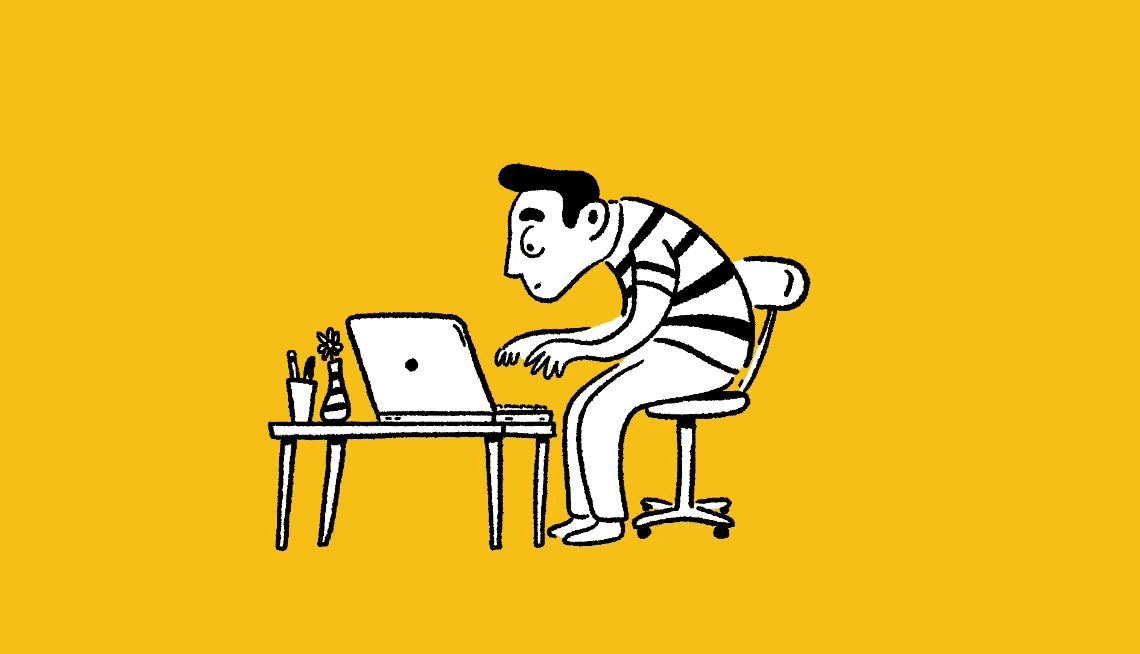 How to Improve Your Posture illustration of a man hunched over his computer before straightening up to improve his posture