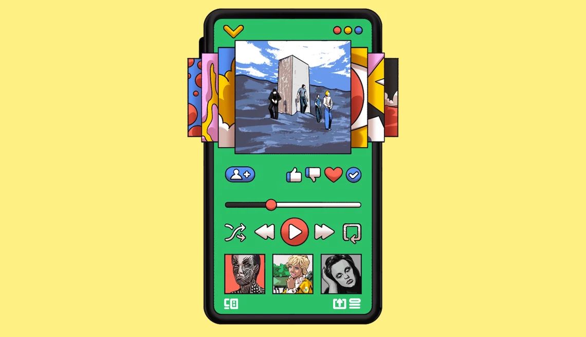How to get your favorite music on streaming services Cell phone screen with pictures of music album covers on it, along with like/dislike buttons, play, rewind, fast forward buttons and more