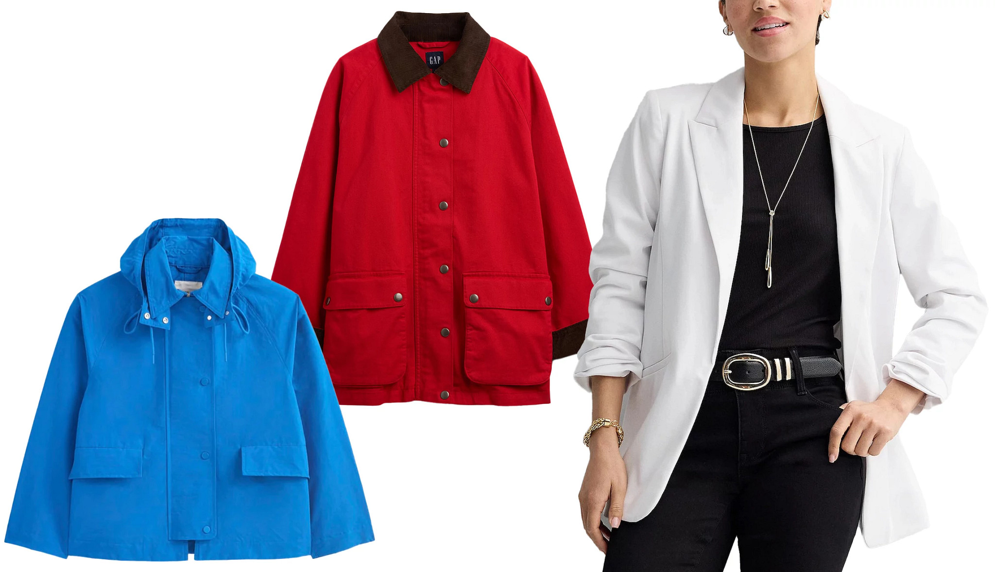 a collage with a model wearing a white blazer alongside photos of two different styles of lightweight casual jackets