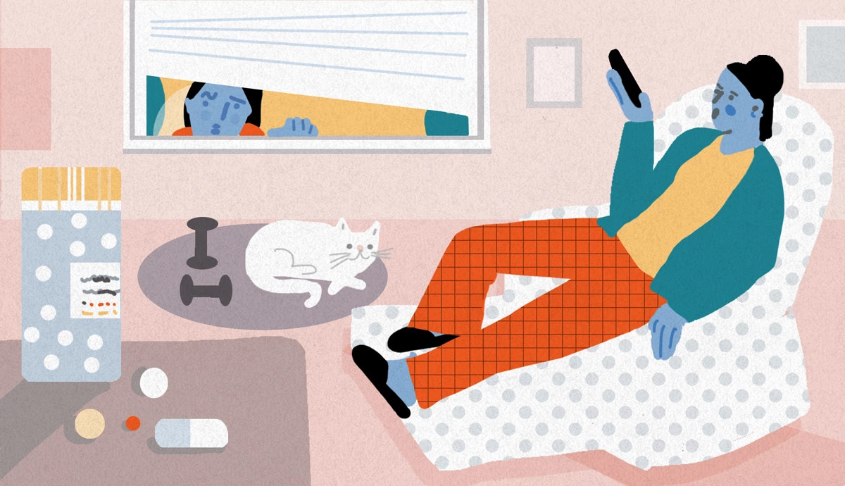 a person sitting on a chair with someone looking in the window