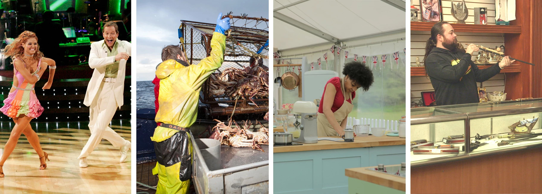 stills from Dancing With the Stars, Deadliest Catch, The Great British Baking Show and Pawn Stars