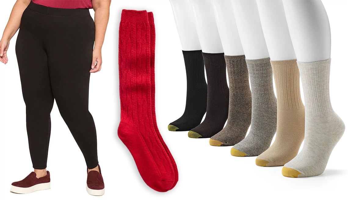 a collage with winter socks and leggings for women