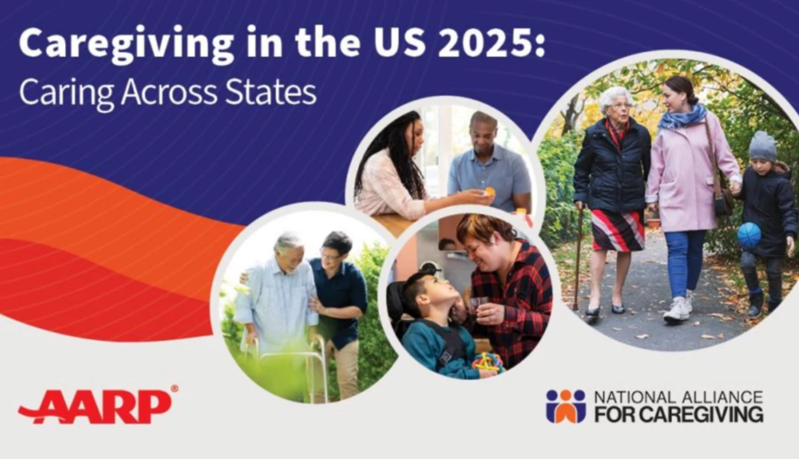 Images of caregiving surrounded by text that says, "Caregiving in the US 2025: Caring Across States," "AARP" and "National Alliance for Caregiving"