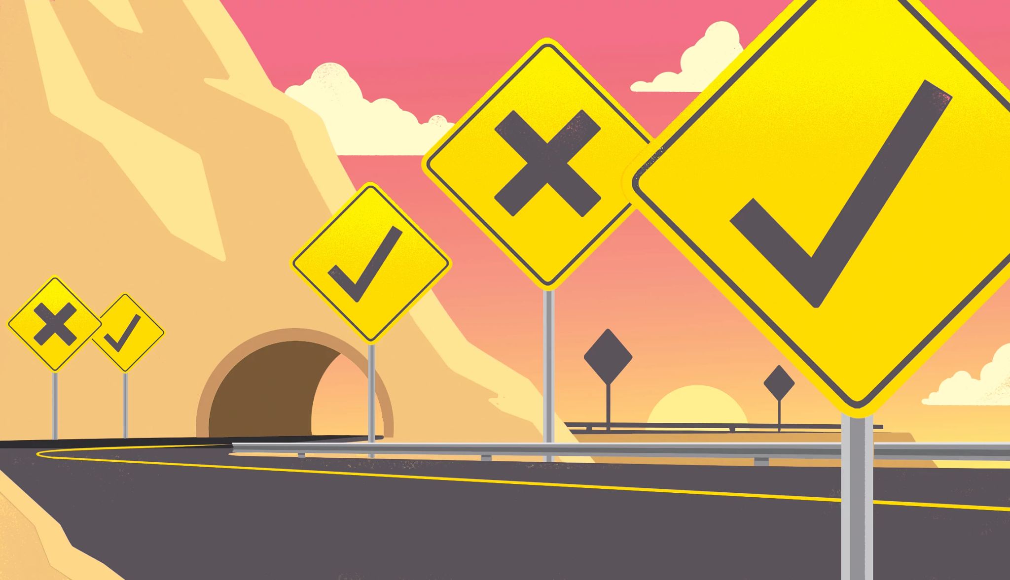 Ilustración de una calle con varios letreros