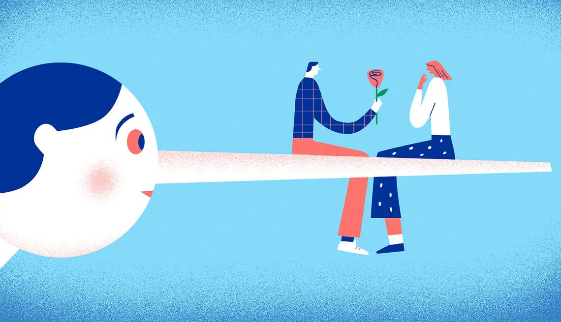 The other woman a woman and a man, holding a rose, sit on top of a pinocchio nose