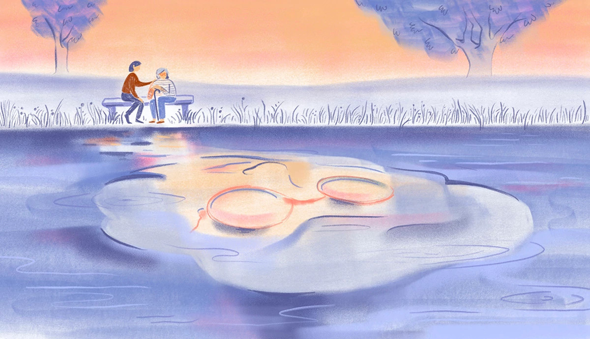 two people sitting on a bench looking out over water with a reflection of one of the people showing in the water