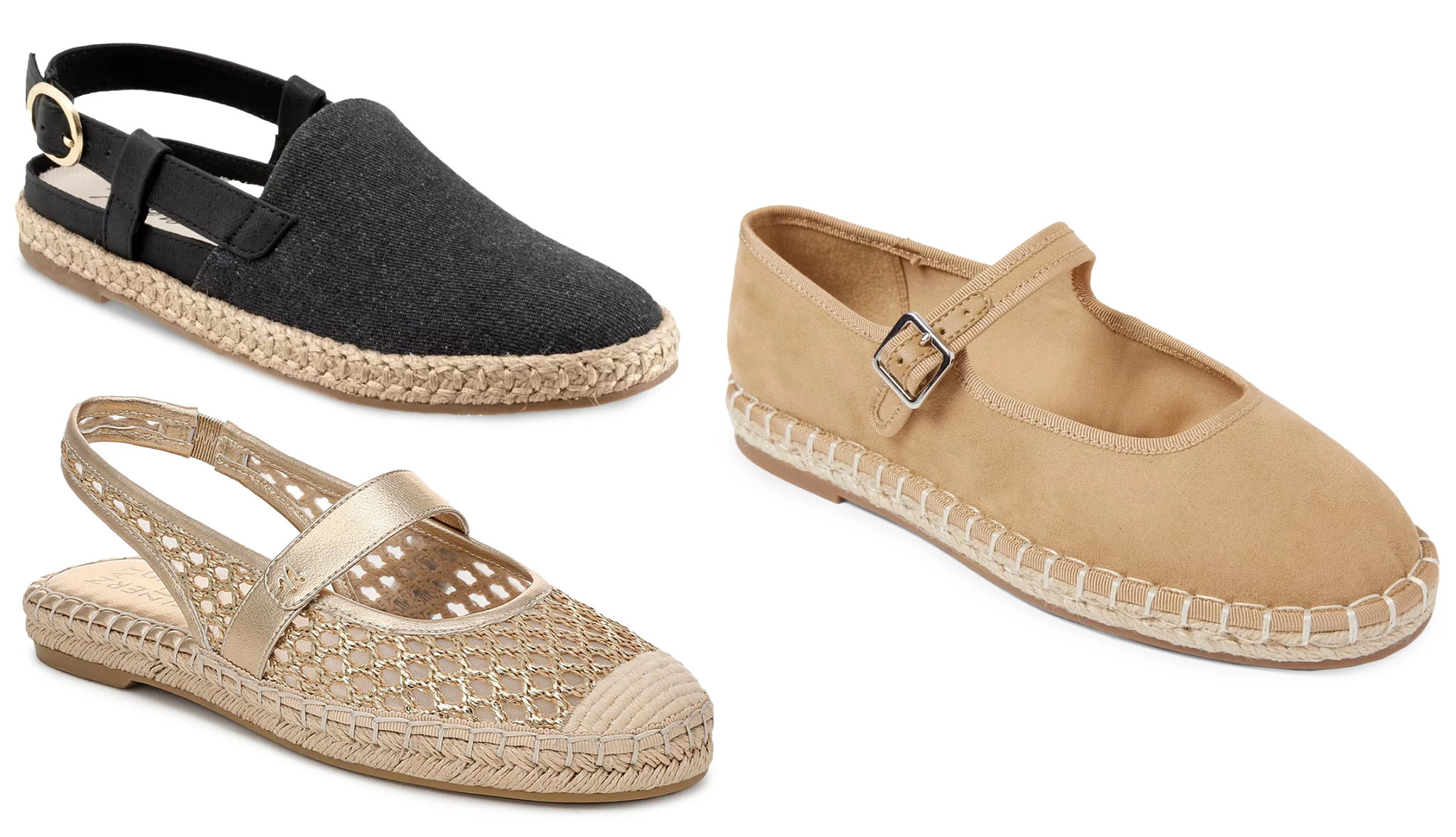 three different types of espadrille style shoes in a collage