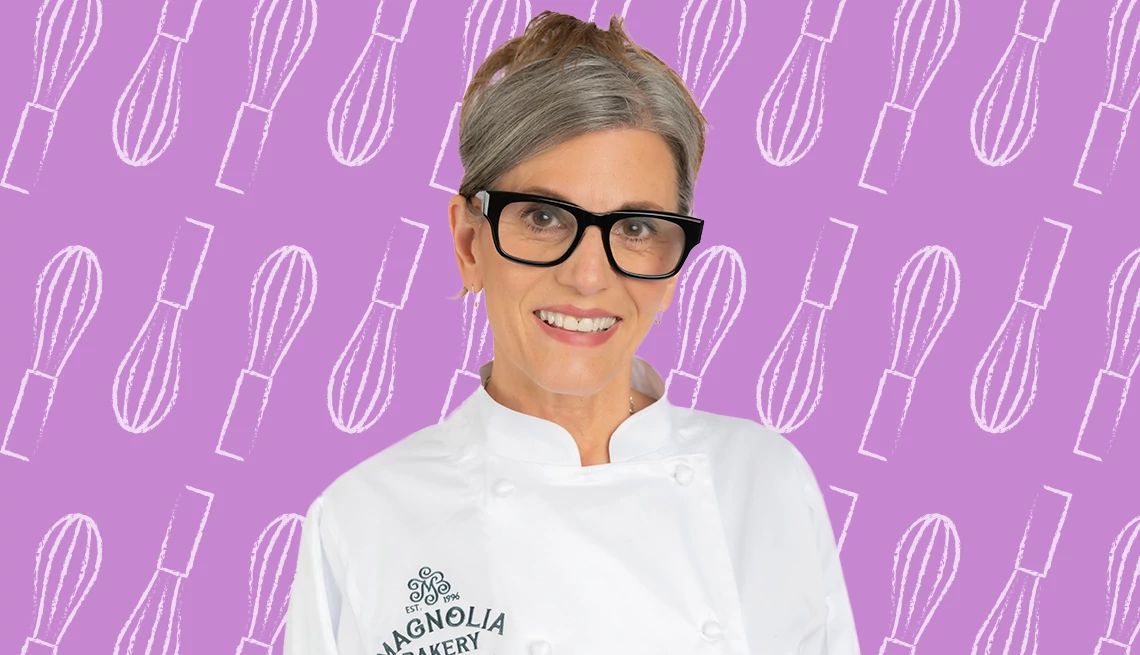 Magnolia Bakery's Bobbie Lloyd Shares Her Favorite Recipes bobbie lloyd posing for a portrait in front of a purple patterned background
