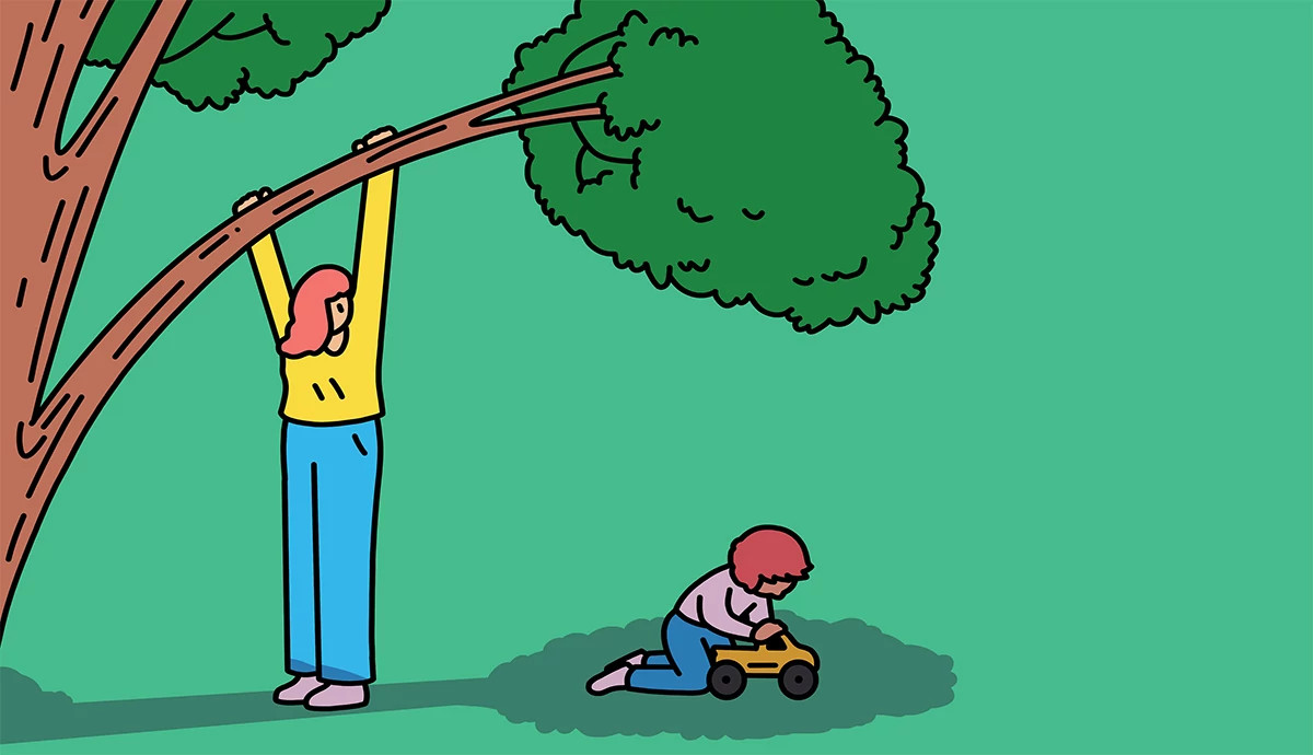 an illustration shows a woman pulling down a tree branch to shade a child to provide shade to a child playing with a toy truck