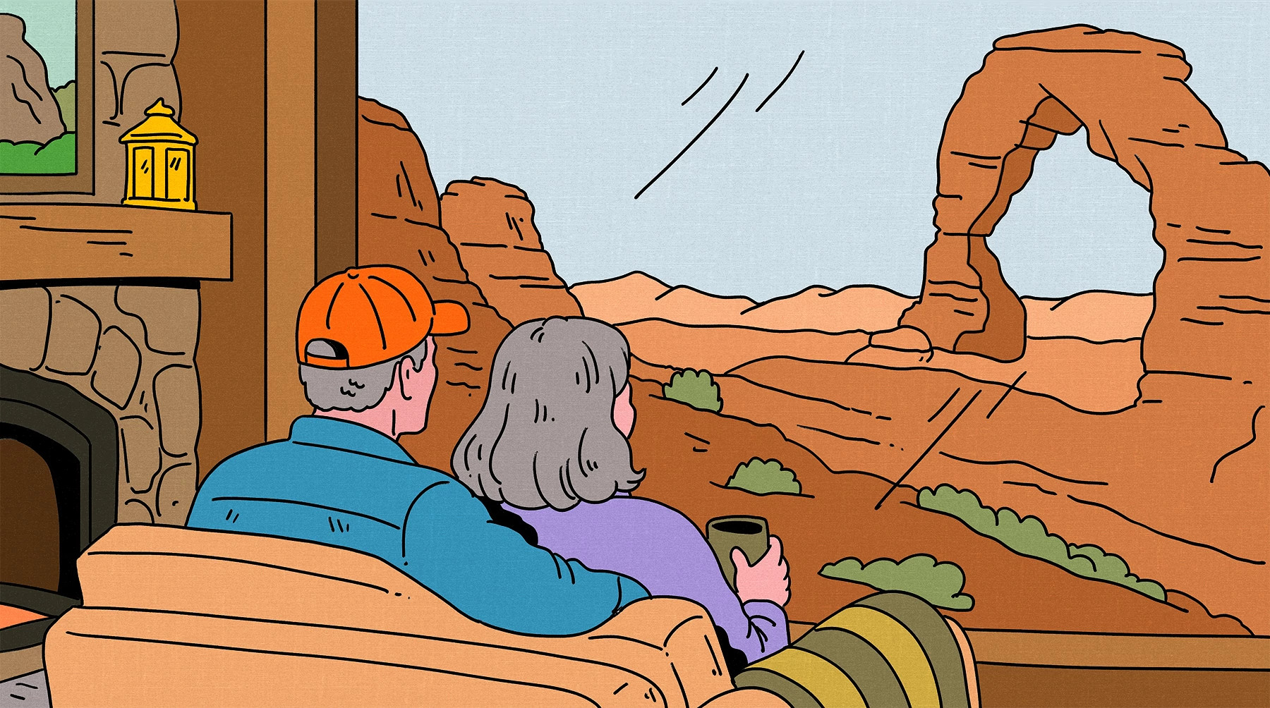 an illustration of a couple sitting inside while looking out the window at a national park