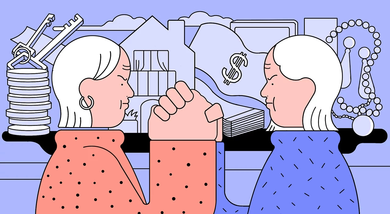 illustration of sisters arm wrestling, sibling rivalry