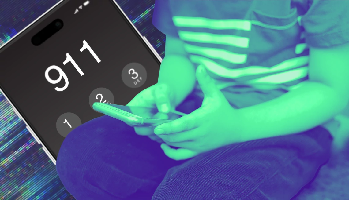 Teach Your Kid, Grandkid to Call 911 a child with a phone with 9 1 1 in the background on another phone