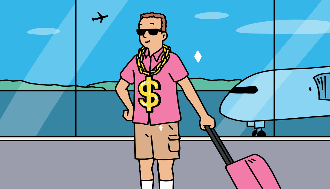 an illustration of a traveler at an airport wearing a dollar sign necklace