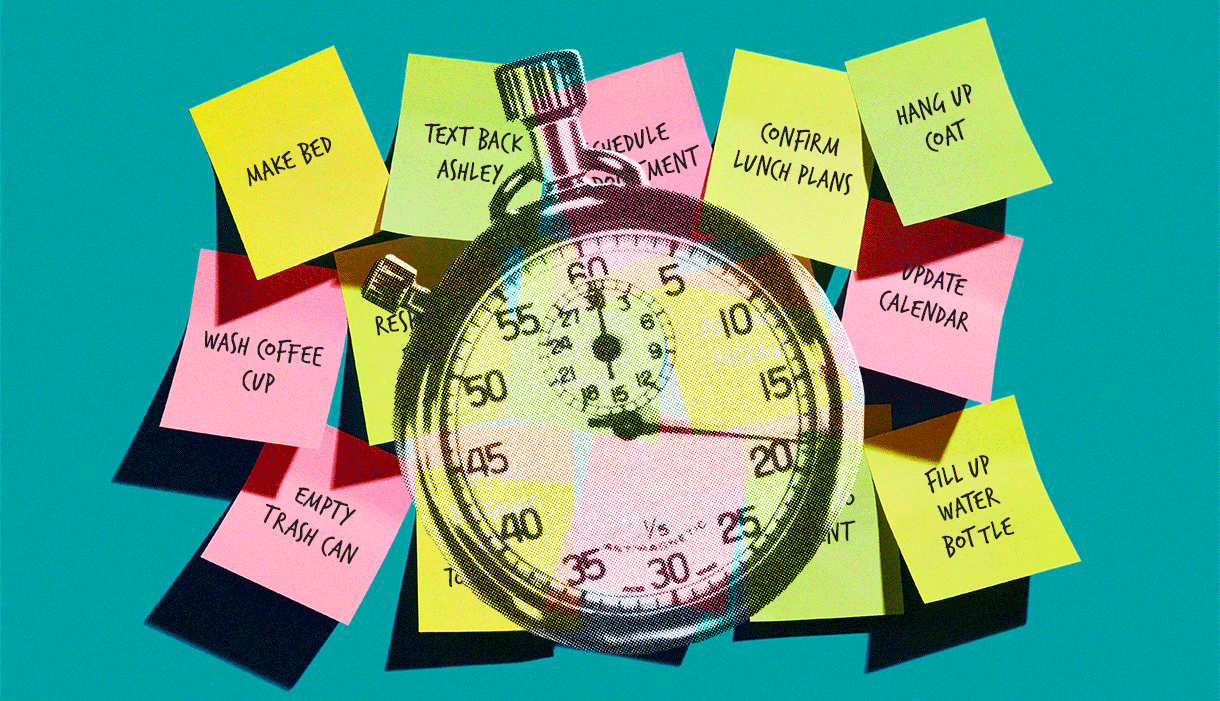 A stopwatch over colorful sticky notes listing everyday tasks and reminders that can be done in under one minute.