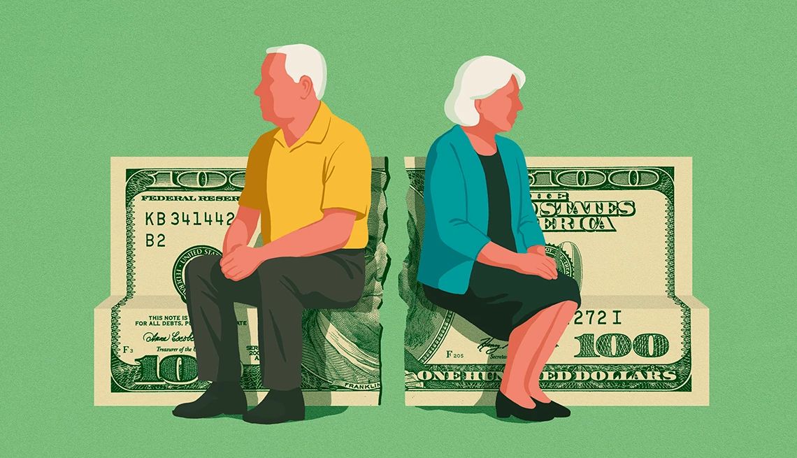 Retirement Planning Mistakes Couples Make two adults sit on opposing sides of a ripped hundred dollar bill