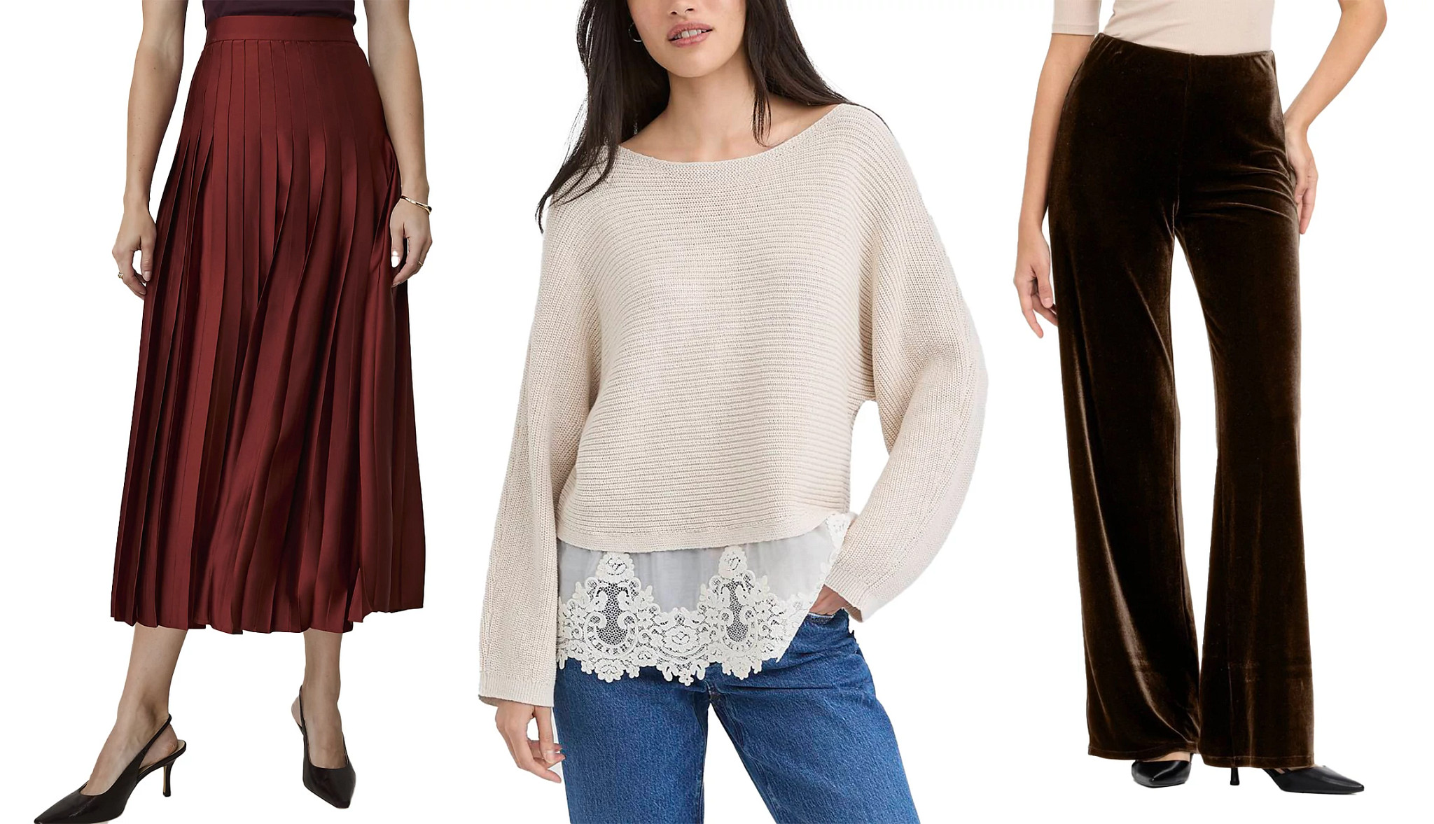 a collage with models wearing a pleated maroon midi skirt, a white sweater with a lace detail at the bottom hem and a pair of brown velvet wide leg trousers