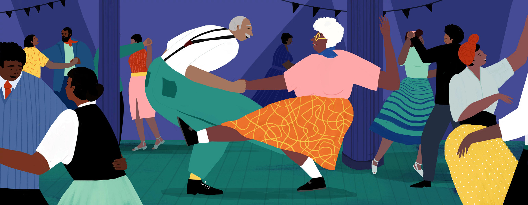 A drawing of an elderly man and woman dancing together, surrounded by younger couples.