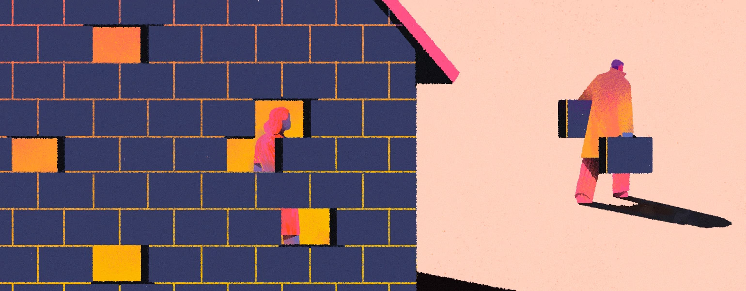 Illustration of a husband leaving for work while wife is lonely in the house by herself.