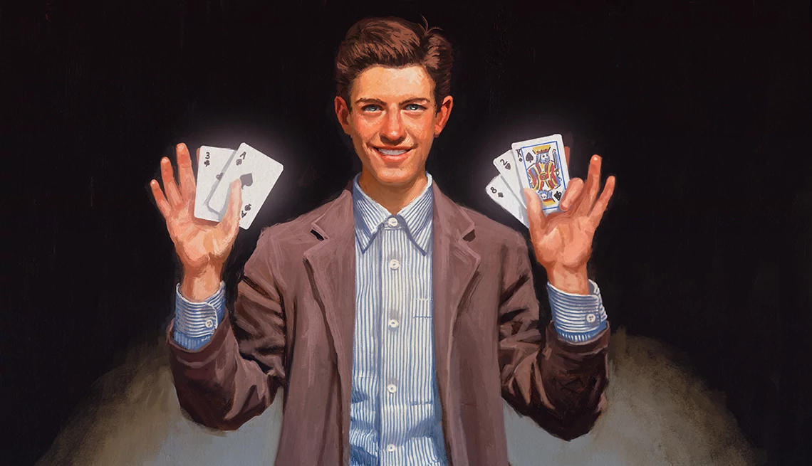 an illustration of dick van dyke as a boy, holding playing cards while performing a magic trick