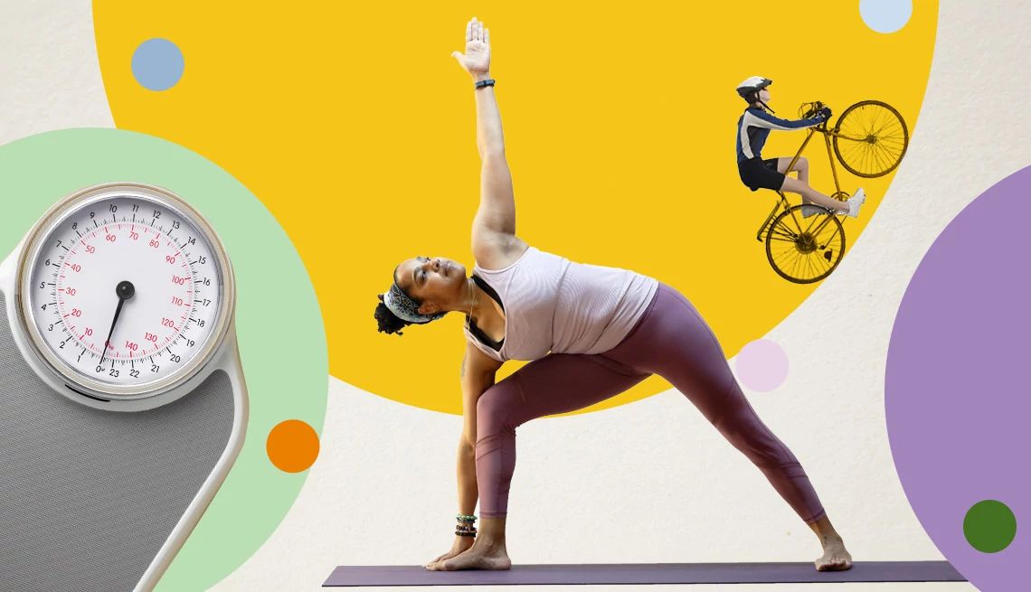 collage of woman exercising, man riding a bike in the background and a weight scale in the corner Exercise, along with a healthy diet, can help with weight loss.